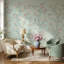 Papier peint floral, décoration murale oiseaux verts-625660172-625660173
