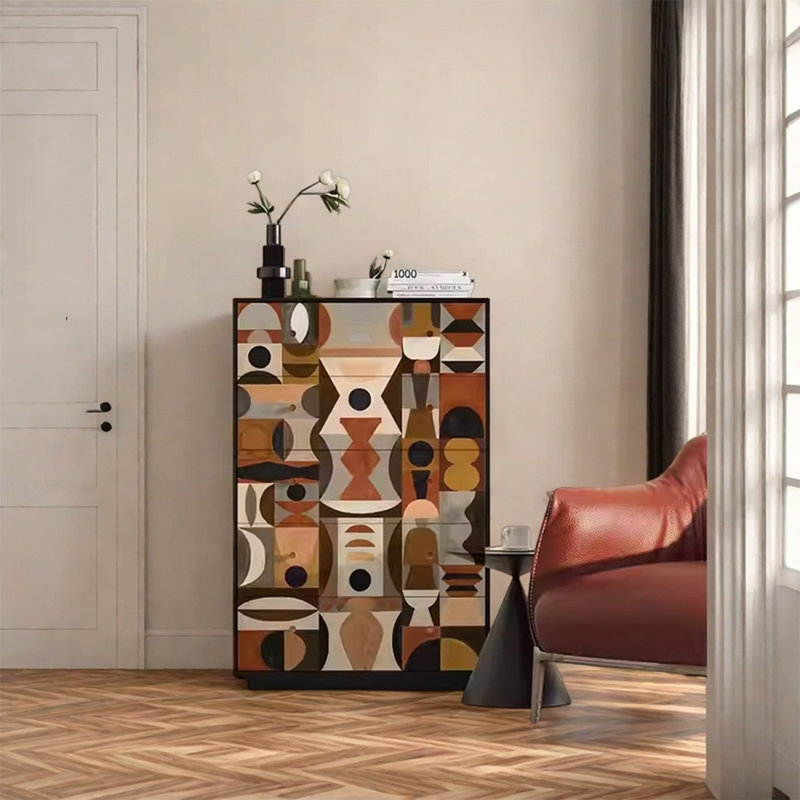 Walnut Wood Frame Cabinet with Five Drawers