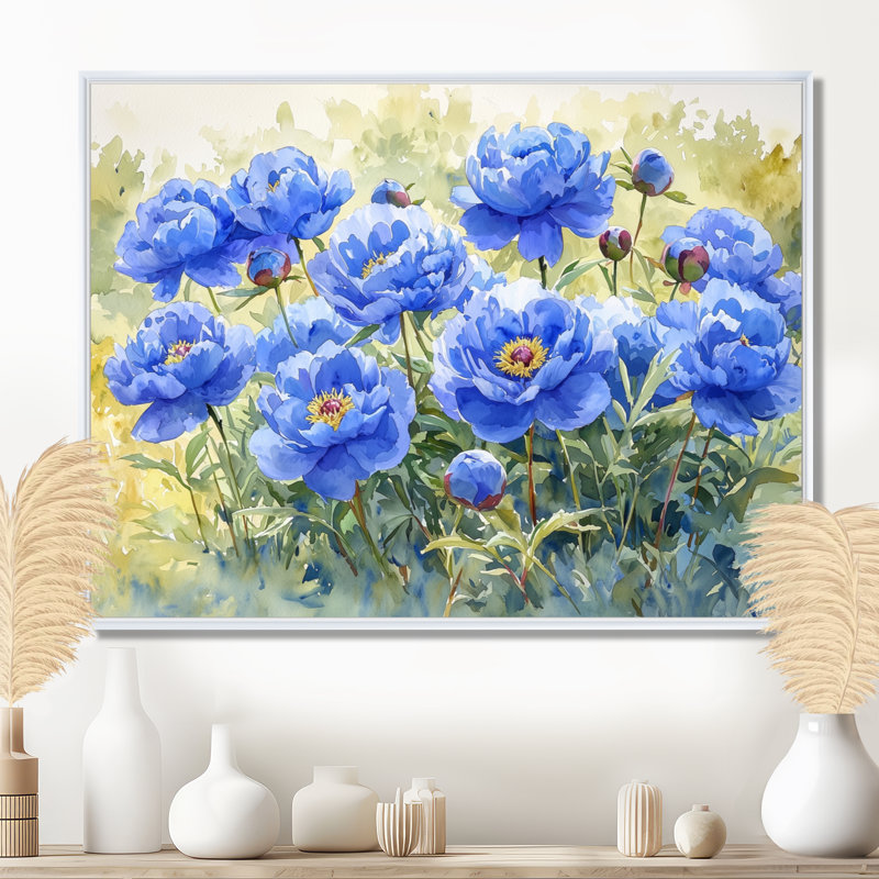 Pivoines bleues dans la prairie I - pivoines, art mural, H 30 po x l 40 po, Impression encadrée flottante, Blanc
