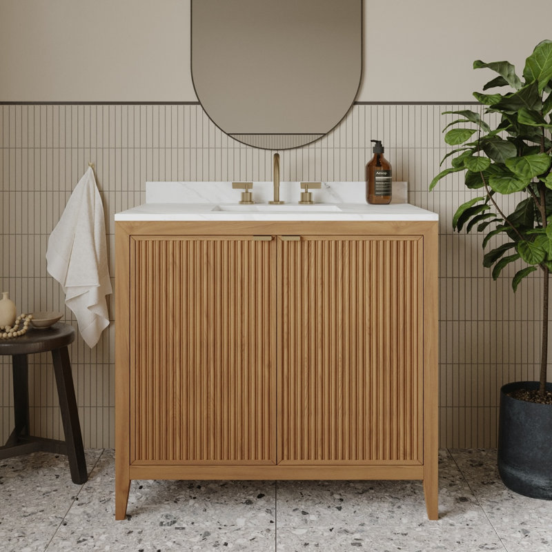 Kendal Reeded 36" Light Oak Bathroom Vanity with Cultured Marble Countertop, Light Oak, 36"