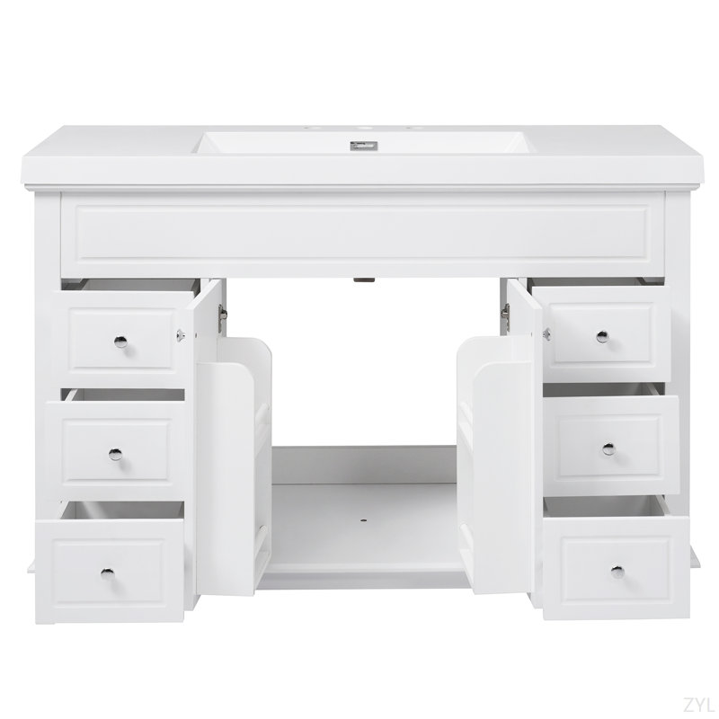 Meuble-lavabo 48 po avec lavabo en résine, 6 tiroirs à fermeture en douceur et portes doubles avec tablettes à 2 niveaux, pieds en pin massif, blanc