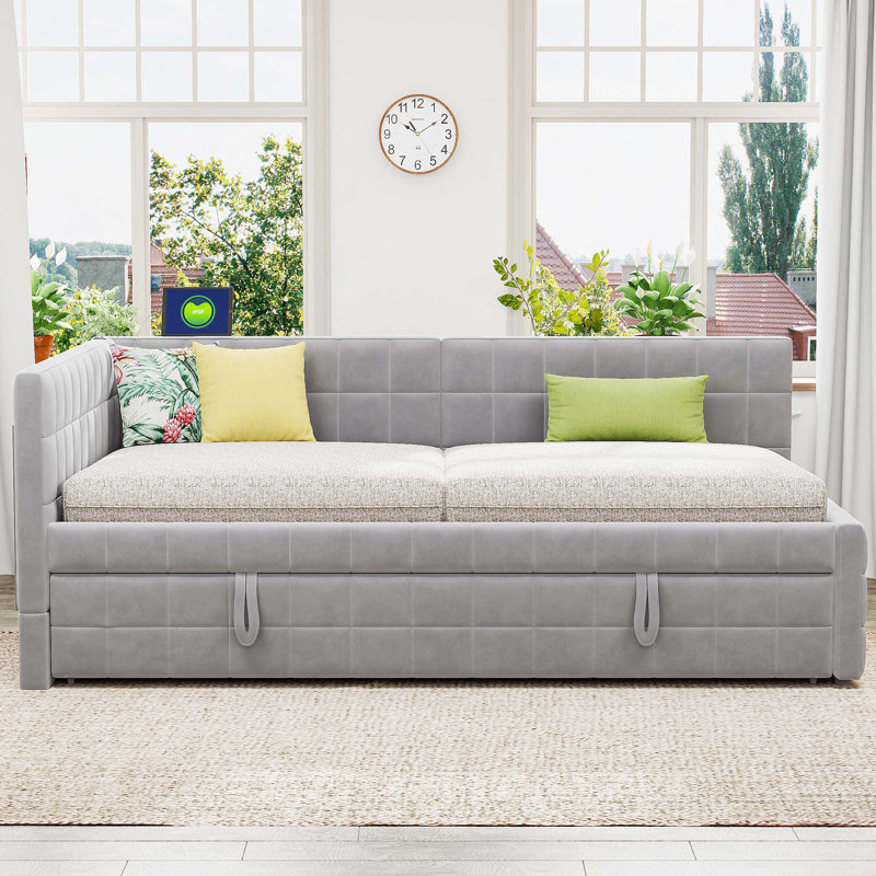 Lit de jour rembourré en L pleine grandeur avec lit gigogne escamotable double et ports USB, Gris