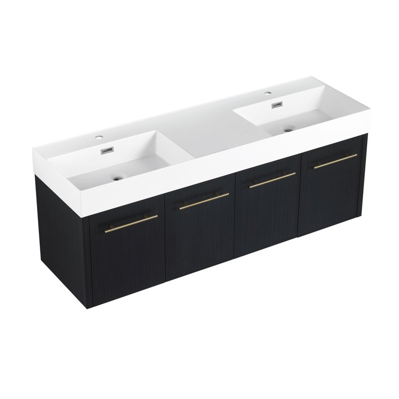 Meuble-lavabo mural avec lavabo, lavabo double en résine à rebord épais, ensemble KD