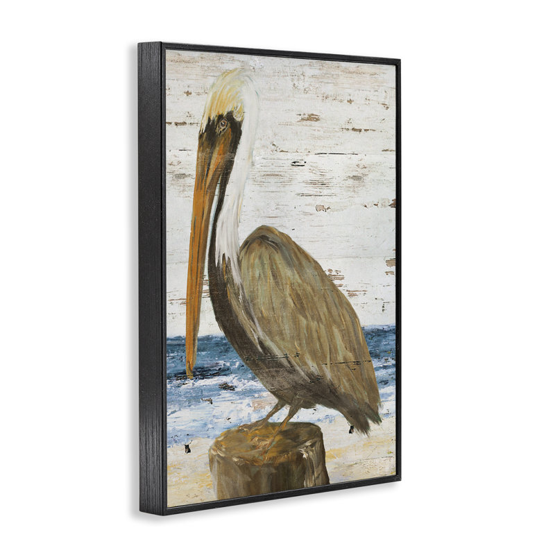 «Rustic Ocean Pelican Art» par Julie DeRice, H 18 po x l 12 po, Giclée encadrée noir minuit