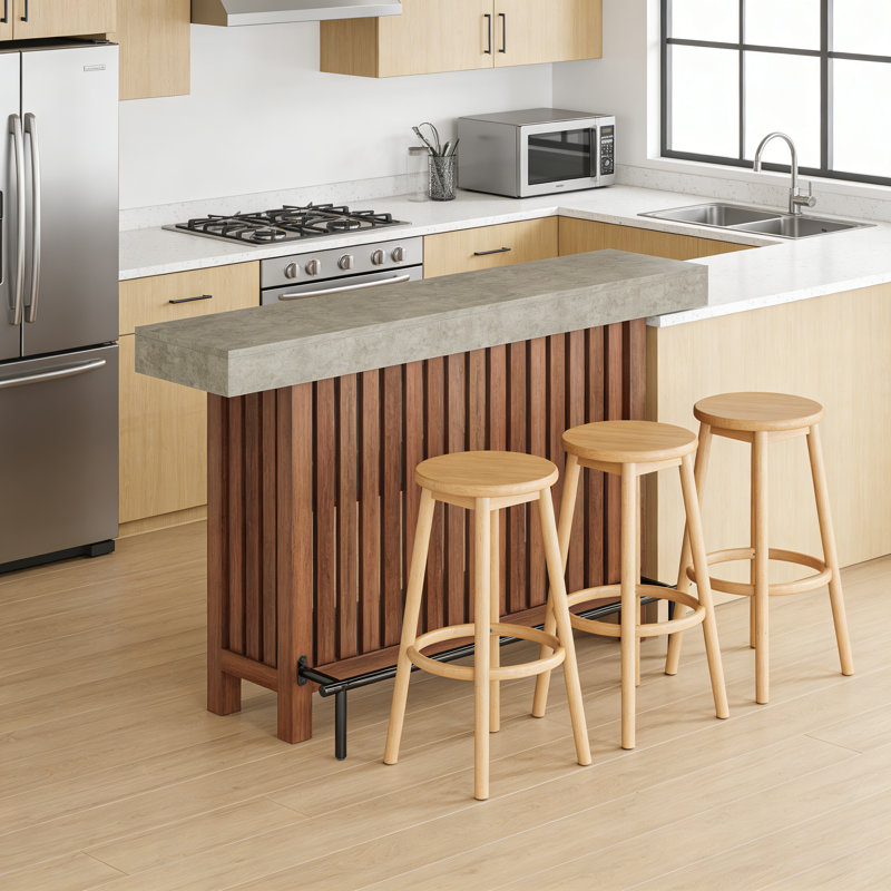 Table de bar en noyer avec comptoir en pierre et base en bois manufacturé