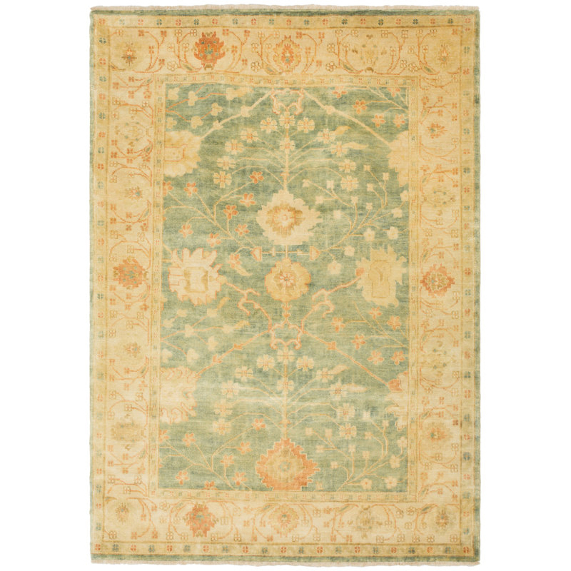 Oushak Oriental Hand-Knotted Wool Medium Blue/Green Area Rug, Rectangle 10' x 14'