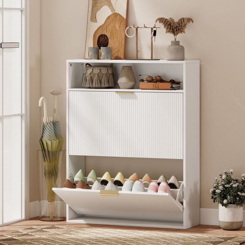 Range-chaussures avec 2 tiroirs rabattables et tablette supérieure, blanc, Blanc