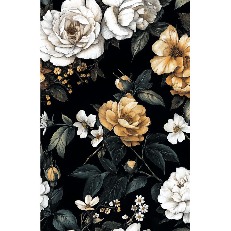 Papier peint floral noir et or | Murale Dramatic White Blooms | Rouleau pelez et collez
