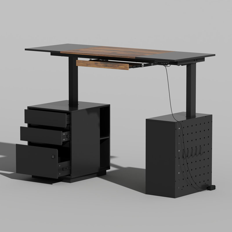 Modern Electric Height Adjustable Desk With Dual Storage Modules And Pegboard Organizer
