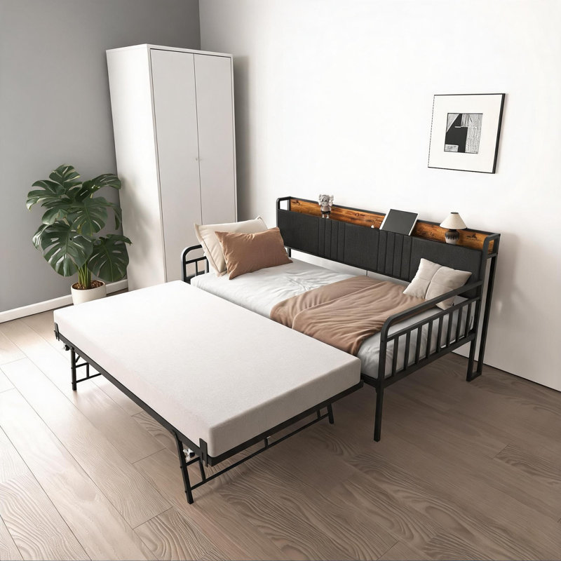 Upholstered Twin Daybed Frame, Metal Construction Classic Gray With Trundle And Built-In Charging Station Fits Bedroom, Living Room And Guest Room