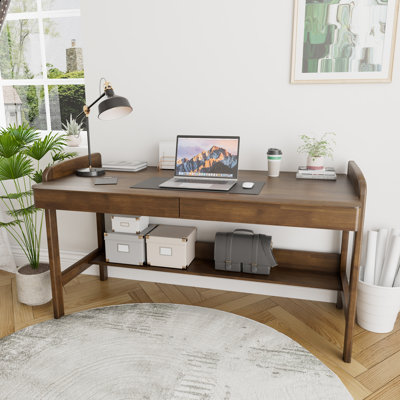 Bureau en bois massif avec tiroirs - Bureau d'ordinateur à hauteur réglable manuellement avec trou pour câbles