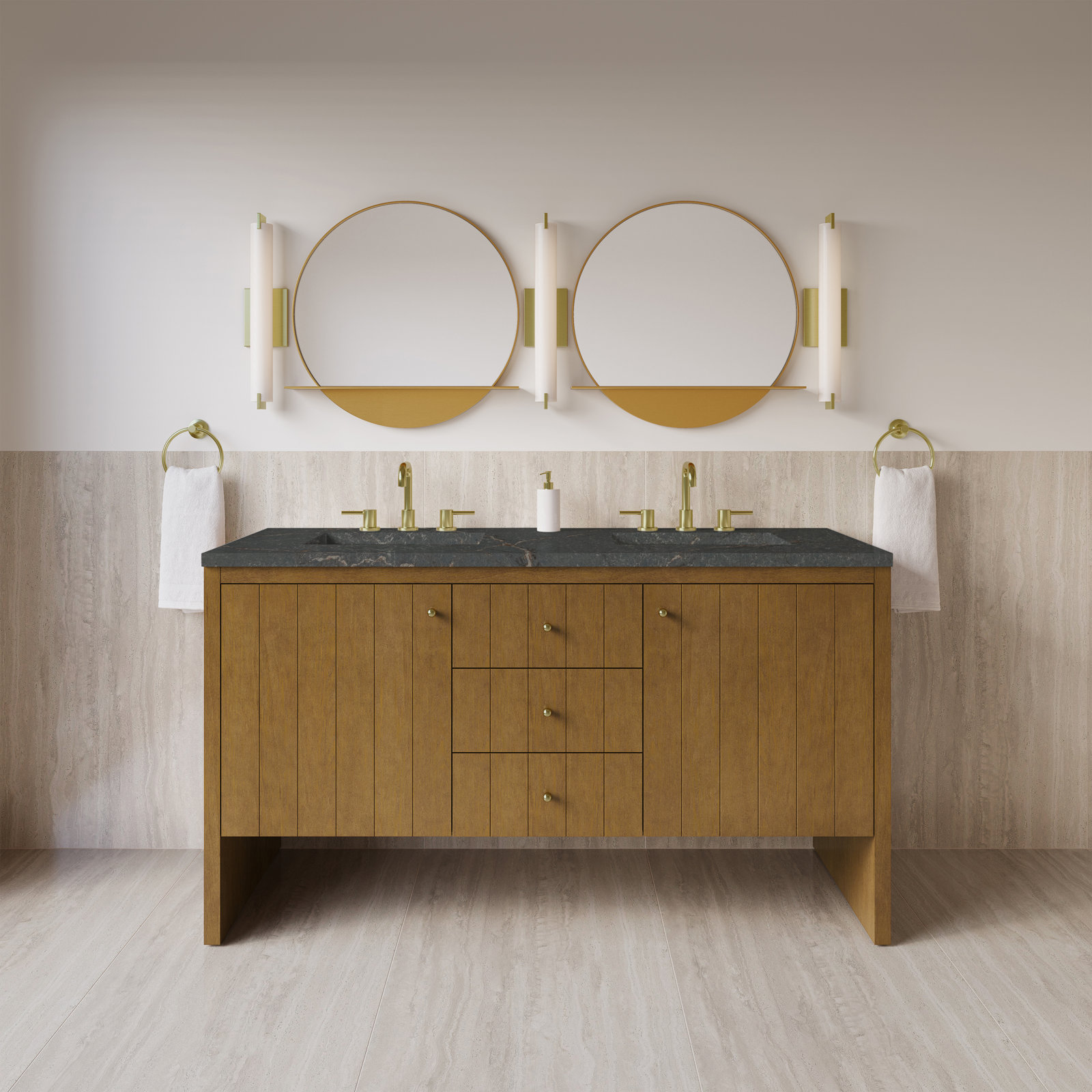 Hudson 60'' Double Bathroom Vanity, Parisien Bleu, 8" Widespread, Honey Brown