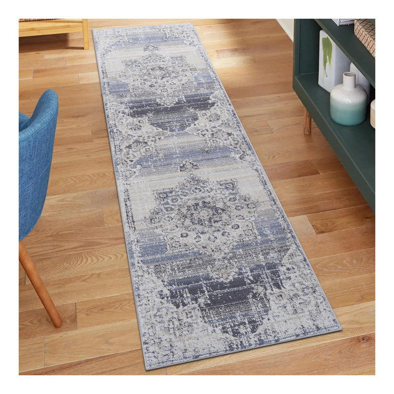 Tapis crème / bleu / médaillon Collection, Tapis de couloir 2 pi 2 po x 8 pi