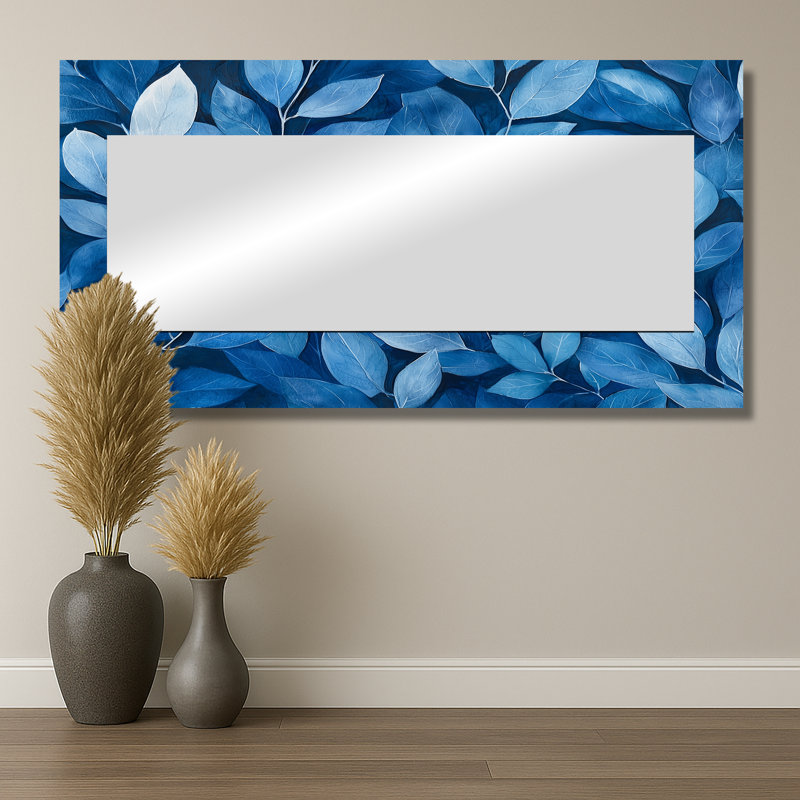 Indigo feuilles feuillage collage I - décoration murale miroir floral - imprimé sur métal, 28 po x 55 po