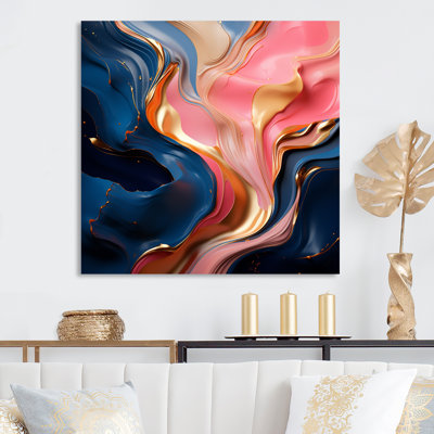 «Rose and Gold», encre liquide Abstraction II - encre liquide, art mural abstrait en métal