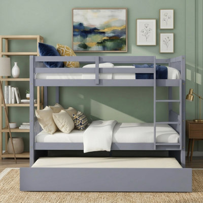 Lit superposé double au-dessus de double avec lit gigogne, échelle et garde-corps - Bois d'hévéa robuste pour chambre d'enfant