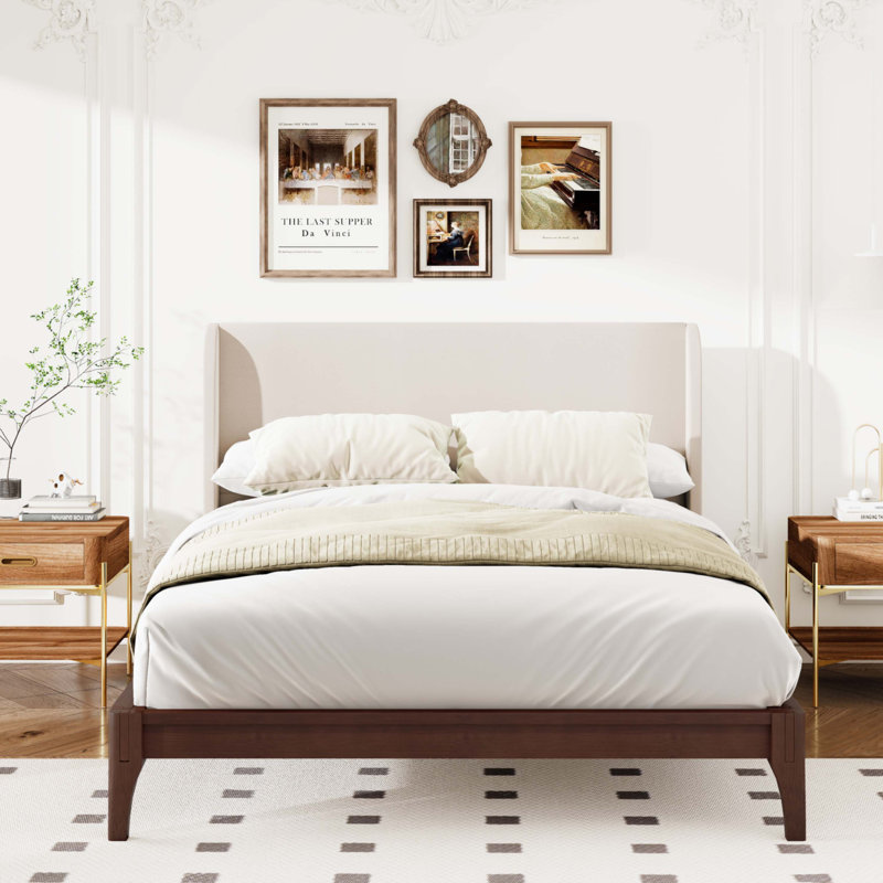 King Size Solid Dry Bamboo Wood 12 Inch Platform Bed with 48" Upholstered High Headboard