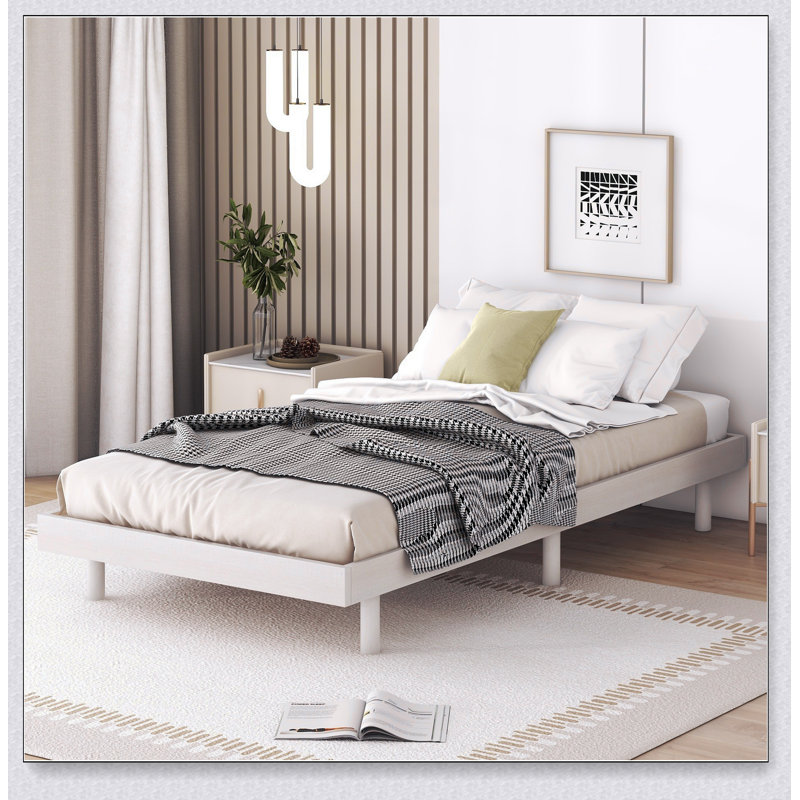 Modern Design Floating Platform Bed Frame, White Washed, Twin