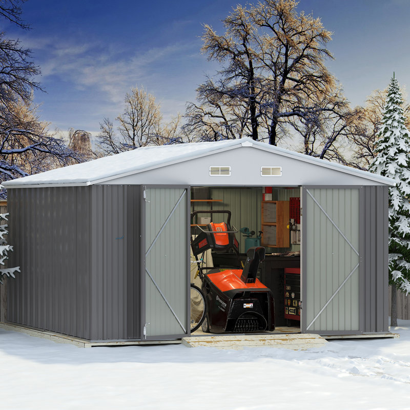 Remise de jardin extérieure en métal l 10 pi x P 8 pi avec portes doubles verrouillables, Gris