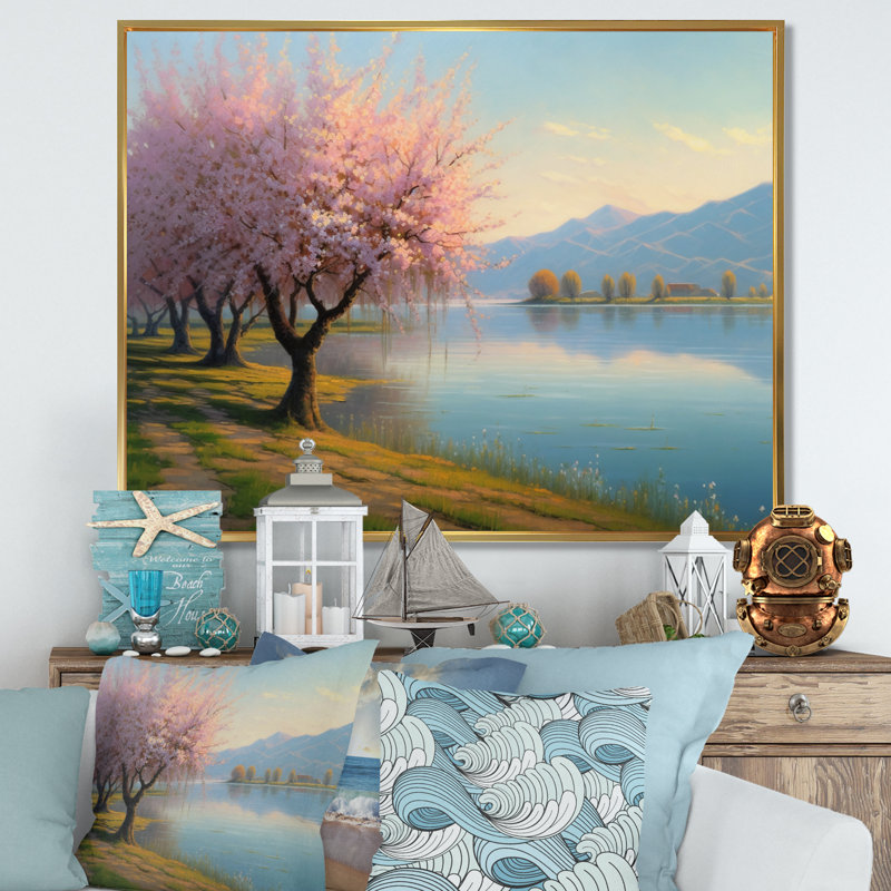 «Rous Cherry Blossom Trees» au bord de l'eau II - reproduction, H 30 po x l 40 po x P 1,5 po, Cadre flottant doré