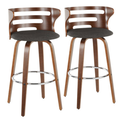 Mid-Century Modern Barstool With Swivel In Walnut And Charcoal Fabric By  - Set Of 2