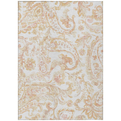 5' X 8' Coral Ivory And Peach Paisley Washable Indoor Outdoor Area Rug