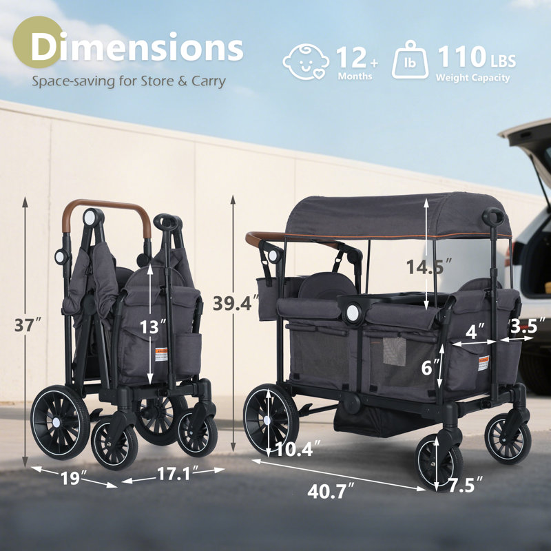 2-Seat Wagon Stroller, All-Terrain Foldable Stroller Wagon for Toddlers with Canopy, Snack Tray & Push/Pull Bar, Gray