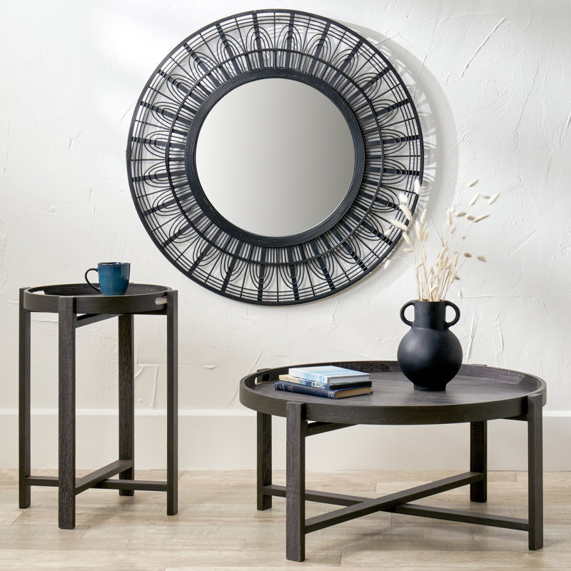 Bamboo / Rattan Round Wall Mirror, Black