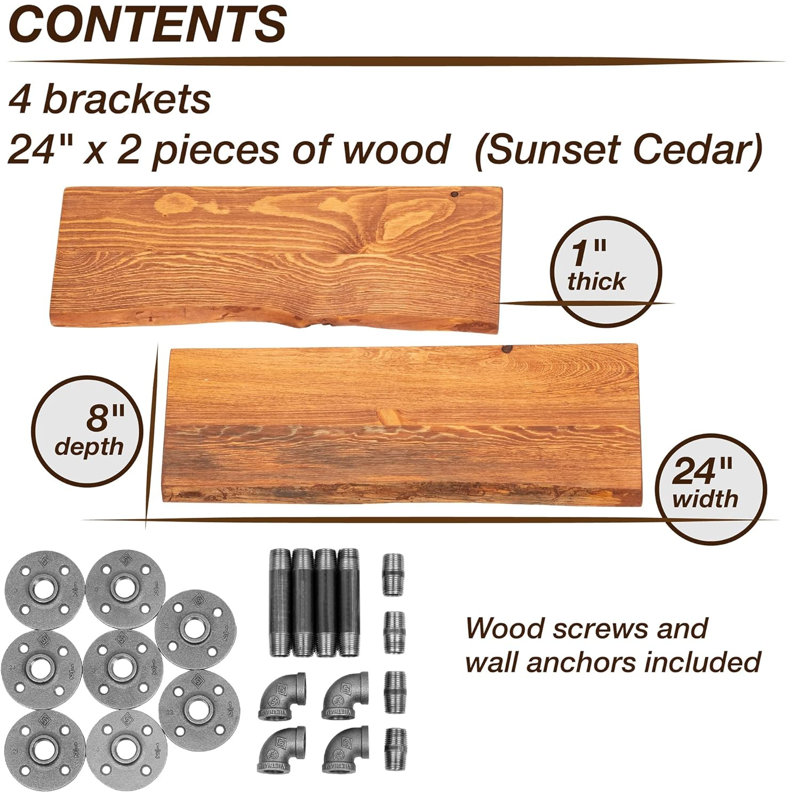 Live Edge Wood Shelf With Industrial Pipe Brackets - Handcrafted Sunset Cedar Floating Shelf, Natural Wood Grain, Rustic Decor, Wall Mounted (2-Pack)