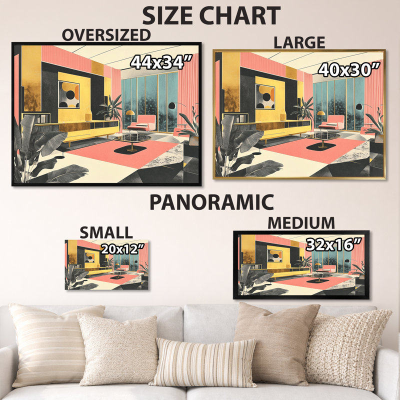 Maison moderne en collage pop I - Tableau rétro rose encadré, 30" H x 40" W, Gold Picture Framed