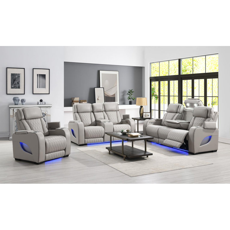 Fauteuil inclinable électrique gris avec appui-tête électrique, lampe de lecture, massage, chaleur, éclairage ambiant, bras de rangement.