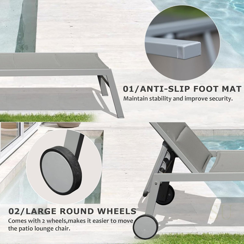 Outdoor Patio Chaise Lounge Set Of 3, Aluminum Pool Chairs With Side Table And Wheels, PVC-coated polyester Padded Adjustable Recliner For All Weather Use