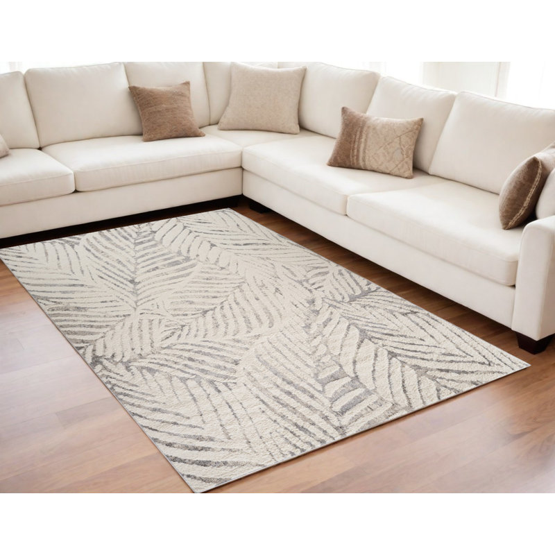 Tapis gris et crème 5 pi x 8 pi à feuilles botaniques