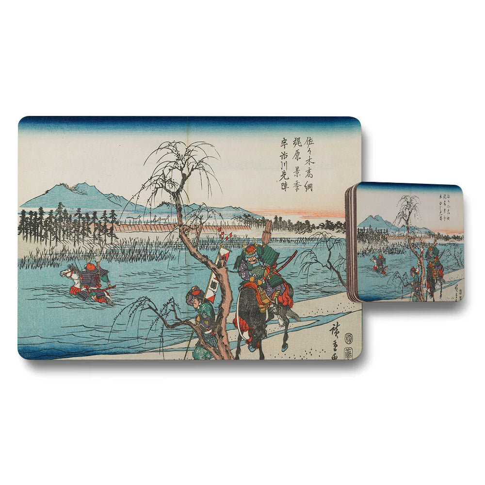 Japanese Ukiyoe Style Placemats And Coasters Set With Warrior River Scene