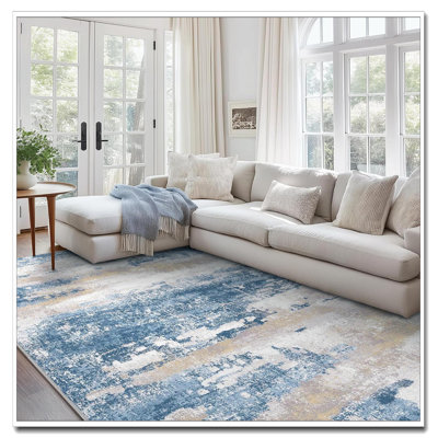 Tapis 8 x 10 pour la chambre à coucher du salon, tapis crème abstrait bleu doux avec envers antidérapant, tapis lavable à la machine pour la salle à manger