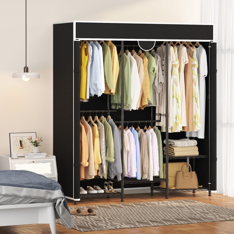 Heavy Duty Portable Closet Wardrobe, 70.87in Clothes Rack with Cover, 1100lb Capacity, Adjustable, Carbon Steel, Black