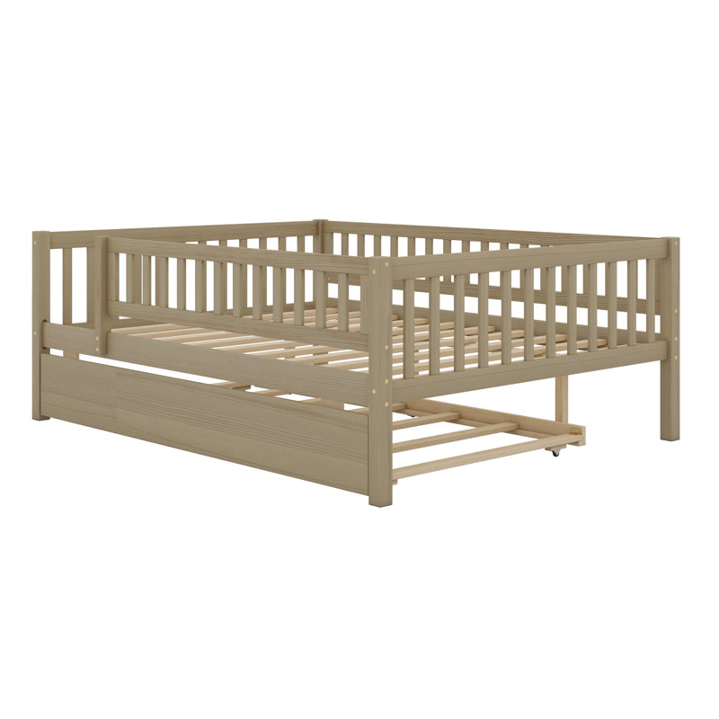 Wood Daybed With Trundle And Fence Guardrails, Natural