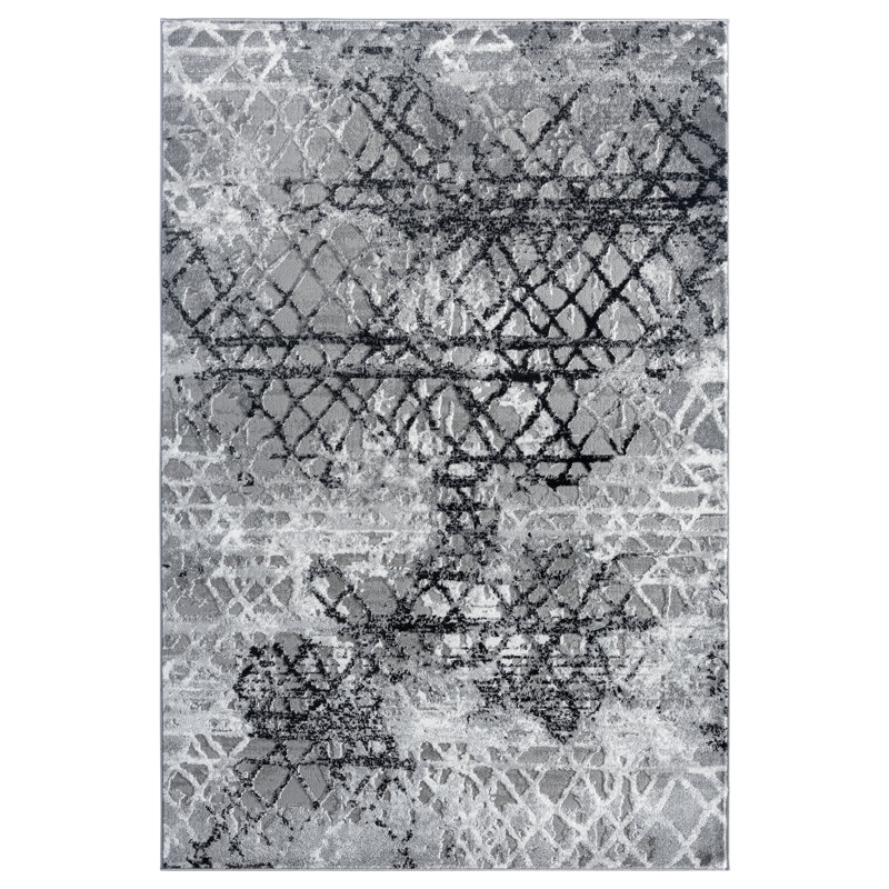 Tapis géométrique noir / gris, Rectangle 5 pi 2 po x 7 pi 6 po