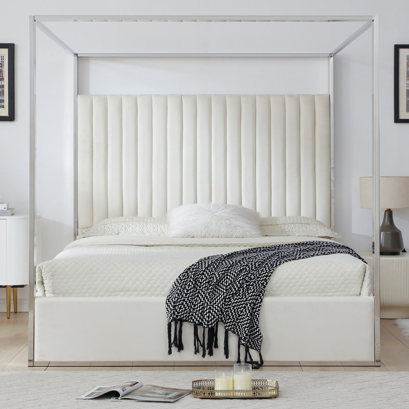 Jeffrey Canopy Velvet Upholstered King Bed Frame In Cream, Cream, King