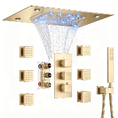 49 po et 35 cm avec système de robinet de douche thermostatique or brossé à 6 jets pour le corps