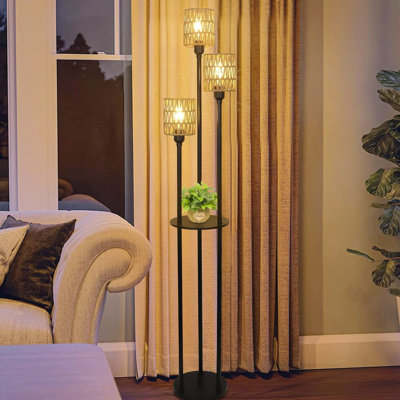 66.1"H Boho Floor Lamps With Foot Switch, 3-Lights Standing Lamp With Shelves And Rattan Shades, Rustic Metal Tall Pole Lamp For Living Room, Bedroom, Black (Bulbs NOT Included)