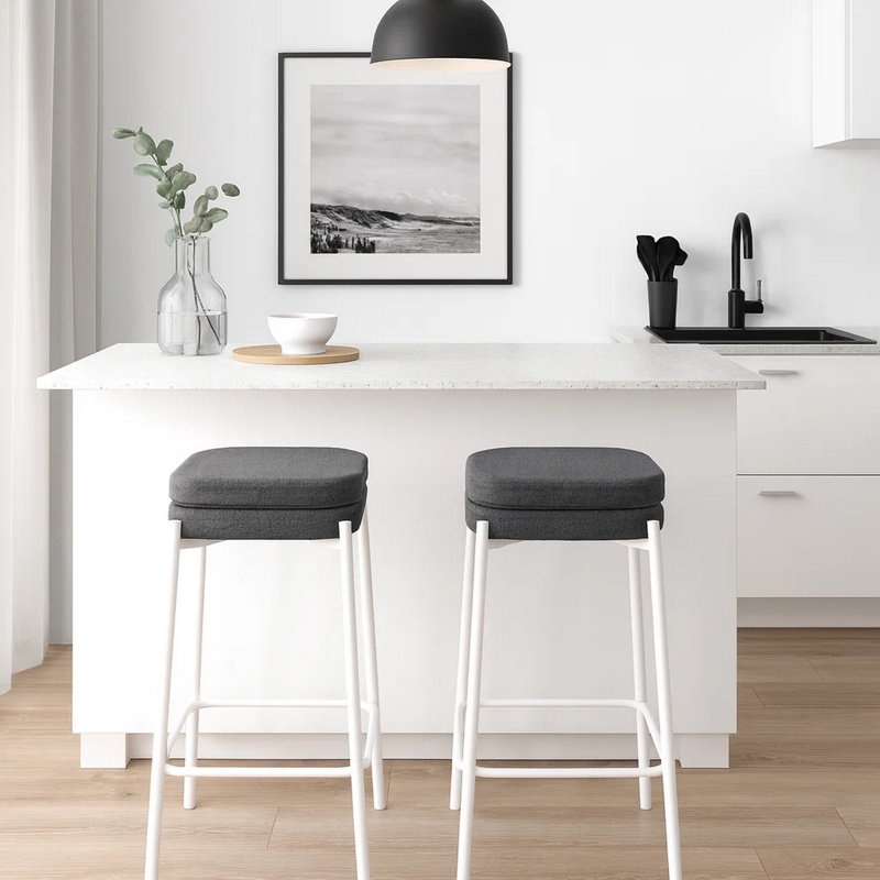 Jenie Counter Height Stool Set Of 2, White Metal Frame, Gray Fabric, White