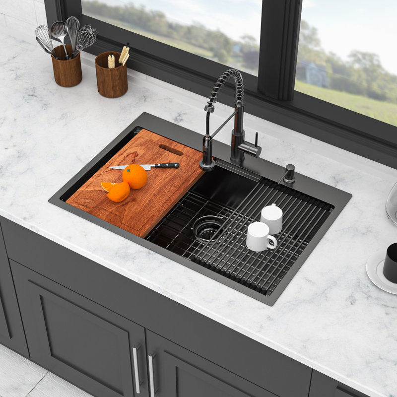 Évier de cuisine à poser 33 po avec robinet escamotable, noir acier, cuve simple de calibre 16 en acier inoxydable | Idée cadeau