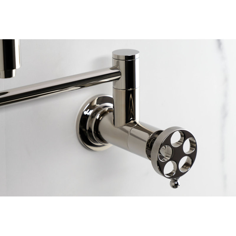 Kingston Brass Wendell Two-Handle 1-Hole Wall Mount Pot Filler Faucet with Knurled Handle, Polished Nickel