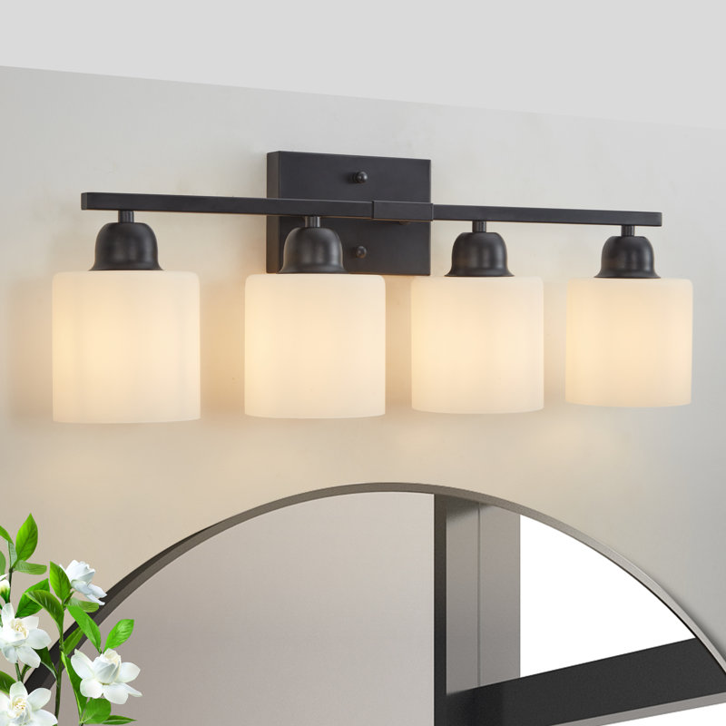 Luminaires de salle de bain noirs, miroir de coiffeuse moderne à 4 lumières, appliques murales avec abat-jour en verre givré blanc laiteux