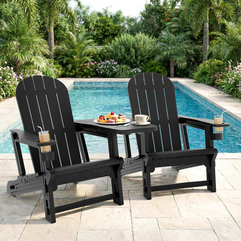 Adirondack Chair Set Of 2,HDPE Adirondack Chairs W/Removable Tablelop & Umbrella Hole,All-Weather Wooden Textured Plastic Outdoor Chairs W/Cup Holders For Garden Backyard Pool,Black
