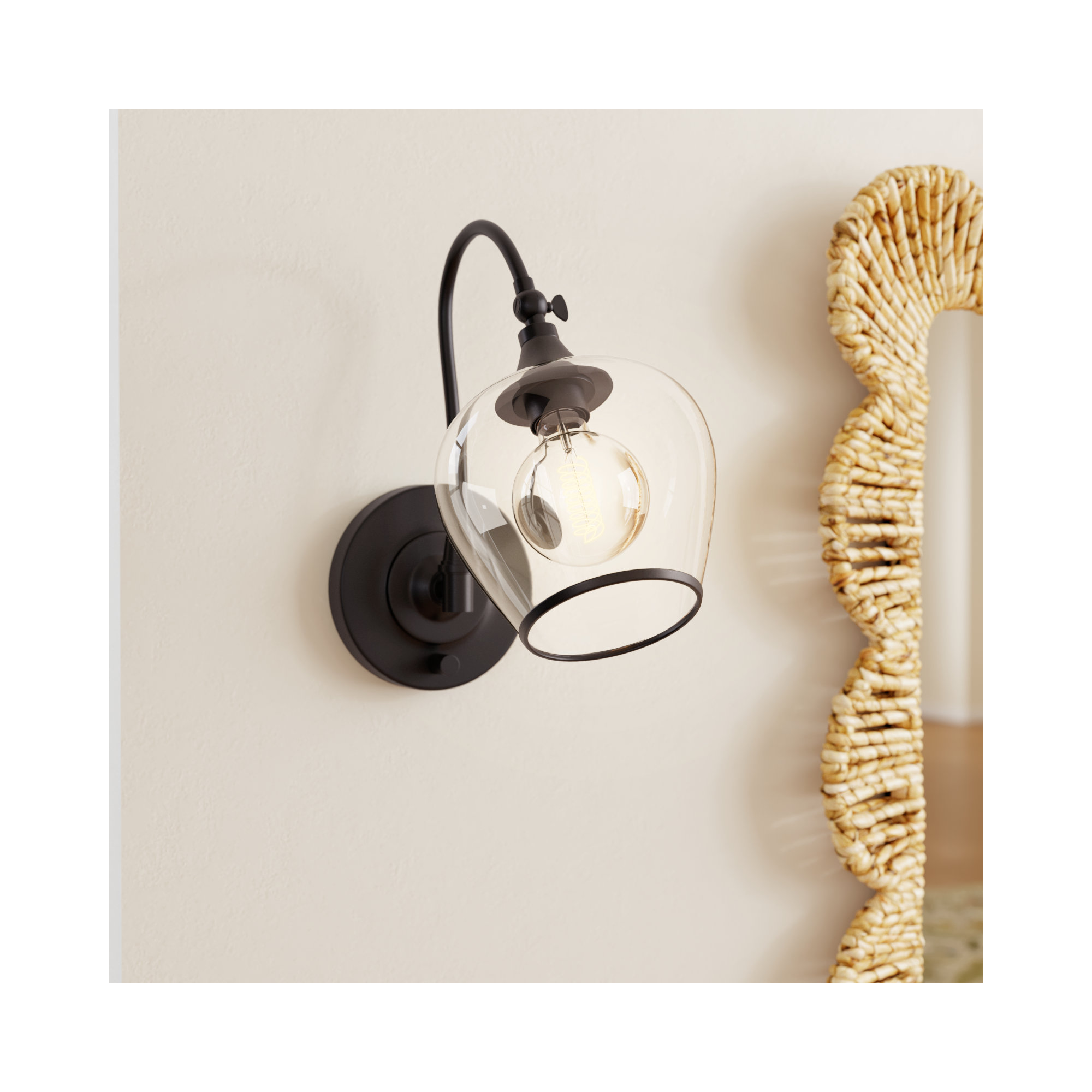 Single Light Glass Dimmable Armed Sconce, Black