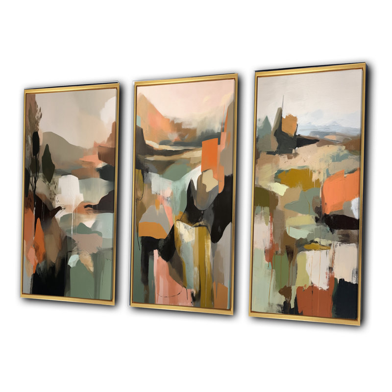 «Green and Beige Transcendant Reality III», ensemble de 3 peintures murales abstraites, Cadre flottant doré