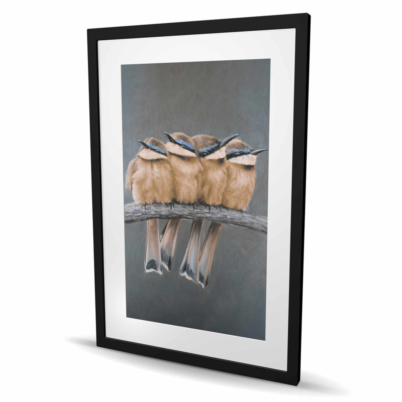 «Four Birds on a Branch - Beige Bird», reproduction matte encadrée