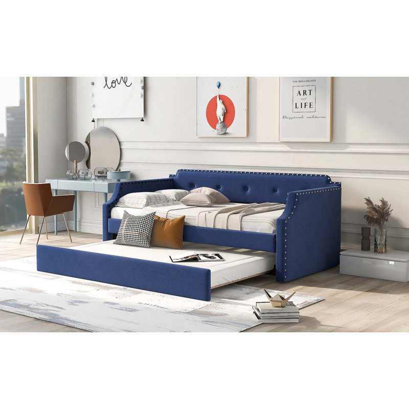 Upholstered Daybed With Trundle, Wood Slat Support,Upholstered Frame Sofa Bed, Blue